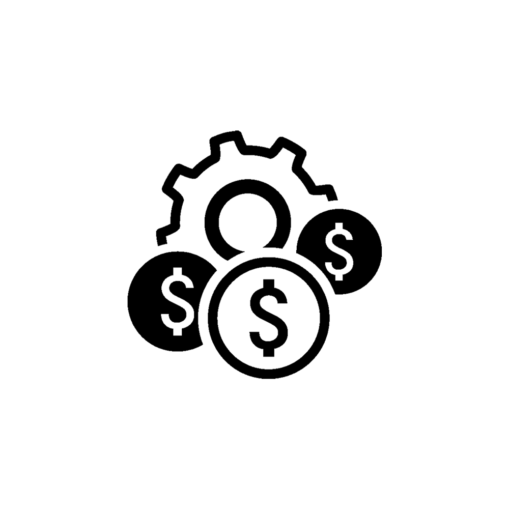 A gear sits behind two dark circles and one light circle. Each circle has a US Dollar Sign in the center.